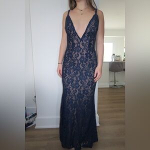 Navy blue lace, with beige undertone prom dress!